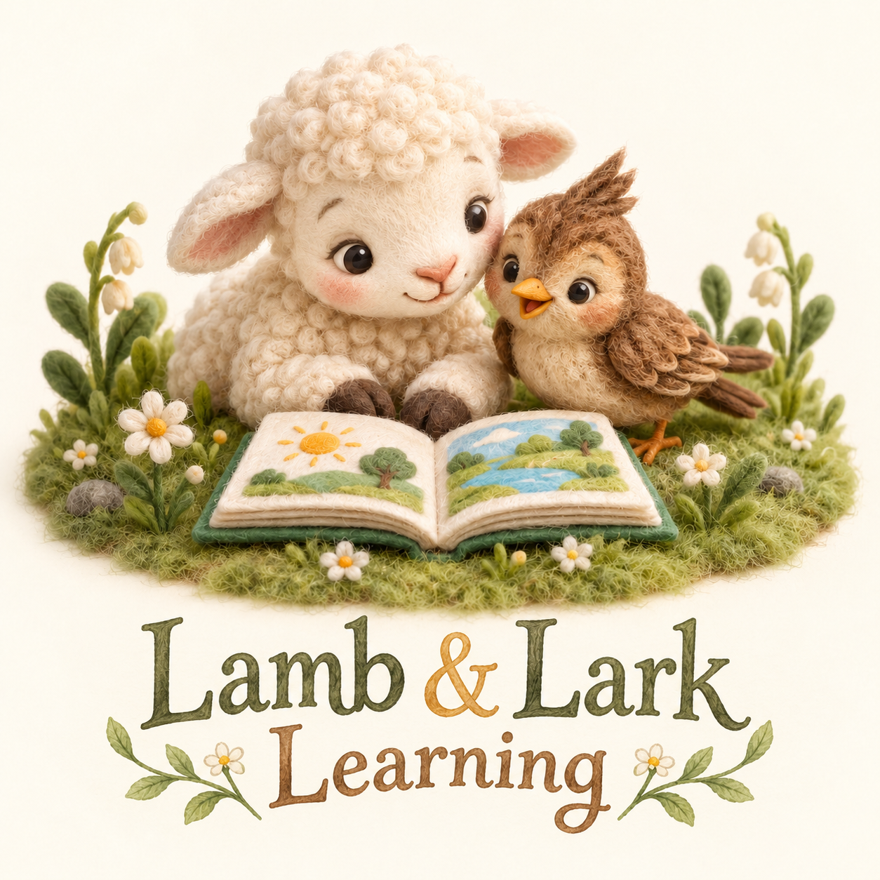 Lamb & Lark Learning: a woolly lamb and felt songbird share a meadow picture book above watercolor lettering.